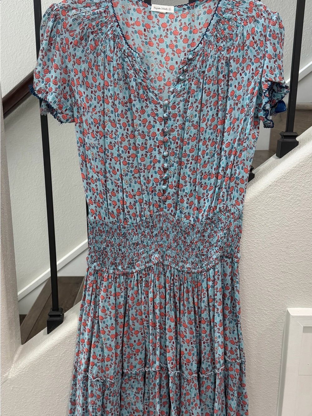 Poupette St. Barth Light Blue Floral Smocked Midi Dress with Red Accents